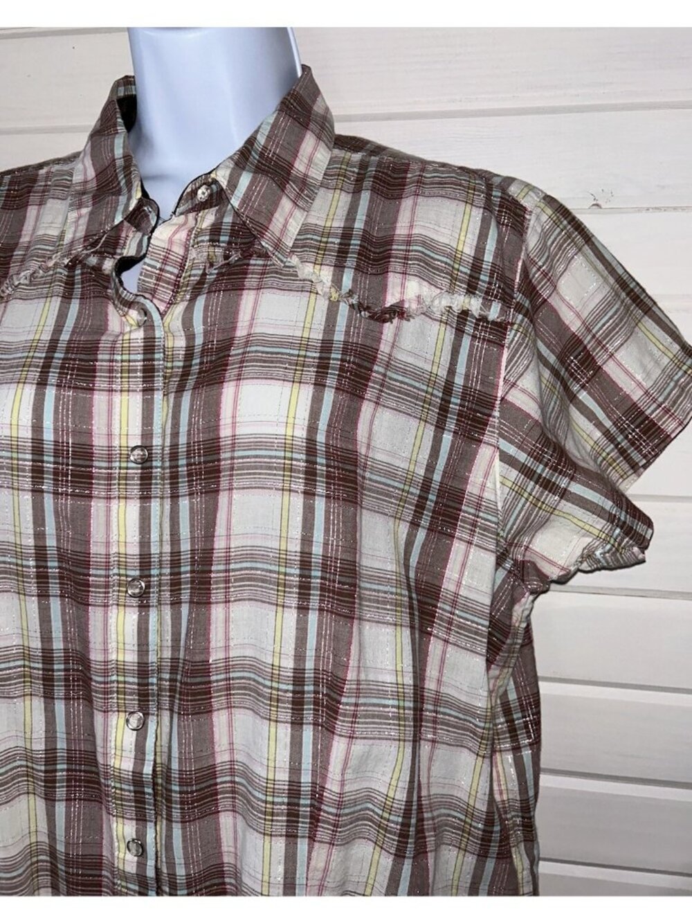 Wrangler 20X Sz XL Brown Metallic Plaid S/S Cotton Western Plaid Snap Shirt EUC